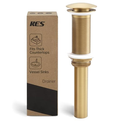 KES Brushed Gold Bathroom Pop Up Drain with Extended Thread, No Overflow | All-Metal Brass & Stainless Steel, Fits 1.6-1.9 In Sink Hole, Up To 3.94 In Thick Countertops, Easy Install - color: Brushed Gold, style: NO Overflow, Long Thread