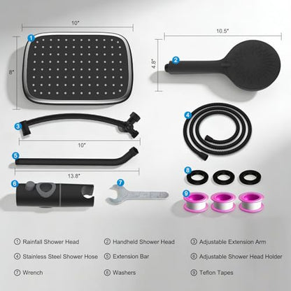 10" Black Rain Shower Head with Handheld, High Pressure Boosting Rainfall Showerhead with All Metal Adjustable Extension Arm, Easy Reach Shower Holder, 5 Spray Modes with Power Wash, Easy to Install - color: Matte Black