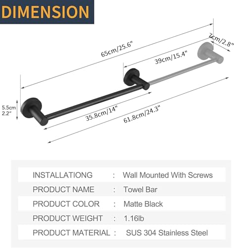 BESy Towel Racks for Bathroom Wall Mounted Bath Towel Bar Matte Black | Adjust 15" to 26" Rustproof, Stainless Steel Towel Holder, Wall Mounted for Bathroom Accessories, Heavy Duty, Space Saving - color: Matte Black