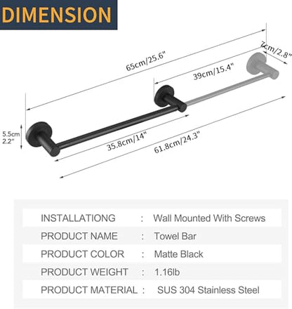 BESy Towel Racks for Bathroom Wall Mounted Bath Towel Bar Matte Black | Adjust 15" to 26" Rustproof, Stainless Steel Towel Holder, Wall Mounted for Bathroom Accessories, Heavy Duty, Space Saving - color: Matte Black
