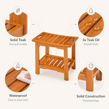 Simple Deluxe Teak Shower Bench, 18" Wood Shower Bench with Shelf, Waterproof Shower Stool for Inside Shower, Bath Chair for Bathroom, Tubs & Outdoor Use, 250LBS - size: 18"