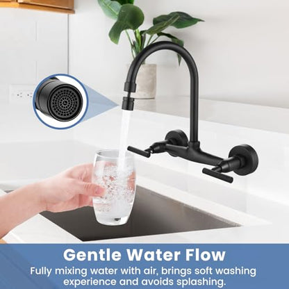 Airuida 8 Inch Center Matte Black Wall Mounted Kitchen Sink Faucet | 360° Degree Swivel Spout,Double Handle,Wall Mount Utility Sink Faucet - color: Matte Black