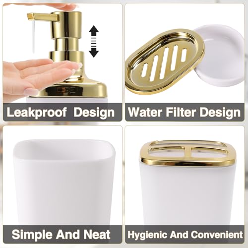 XLHOMO White Bathroom Accessories Set 8 Piece White and Gold Bathroom Set, Bathroom Sets with Stainless Steel Trash Can,Toilet Brush,Toothbrush Set,Soap Dispenser - size: White, style: Bath Set