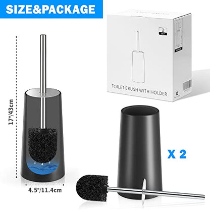 Toilet Brush and Holder, 2 Pack Toilet Brush with 304 Stainless Steel Long Handle, Toilet Bowl Brush for Bathroom Toilet-Ergonomic, Elegant,Durable (Black) - color: Black