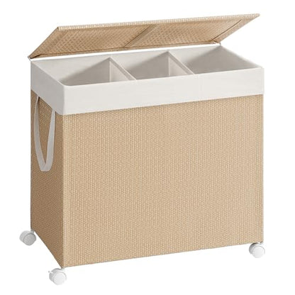 SONGMICS HOME Laundry Hamper with 3 Section, 140 L, Rattan, with Wheels | Rolling Clothes Basket with Lid, Removable Liner with Handles, Natural Beige and Matte White, PEZZO Collection ULCB602N01 - color: Natural Beige + Matte White, size: 140 L
