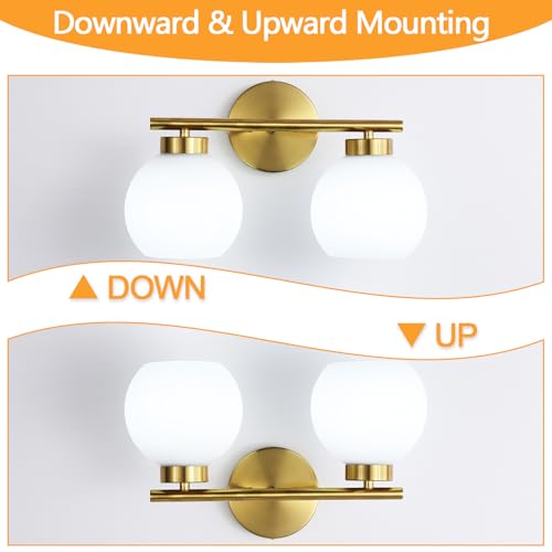 2 Light Bathroom Vanity Light, Gold Bathroom Light Fixtures Over Mirror, Mid Century Modern Wall Sconce with Frosted Globe Glass Shades, Brass Vanity Light, E26 Socket - color: Gold & Milky White Glass, size: 2-Light