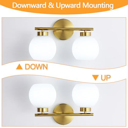 2 Light Bathroom Vanity Light, Gold Bathroom Light Fixtures Over Mirror, Mid Century Modern Wall Sconce with Frosted Globe Glass Shades, Brass Vanity Light, E26 Socket - color: Gold & Milky White Glass, size: 2-Light