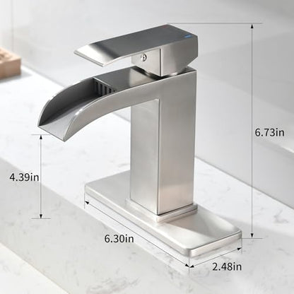 Brushed Nickel Waterfall Bathroom Faucet - Single Handle Sink Faucets Bathroom 1 Hole or 3 Hole for 4In | Modern Solid Brass Vanity Faucet with Deck Plate & Overflow Pop Up Drain - color: A-Brushed Nickel