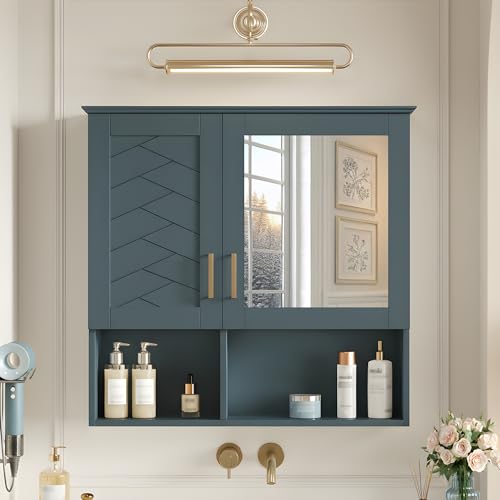 Marzzi Wall Mount Bathroom Medicine Cabinet with Mirror and Open Space | 30" x 28" Mirrored Door Over Toilet Vanity Storage Cabinet Organizer, Adjustable Shelves, Bathroom Wall Cabinet with Mirror - color: Blue, size: 30"