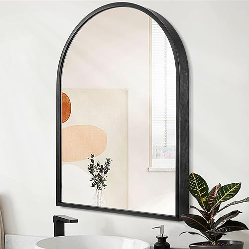 Arch Wall Mirror Bathroom Mirror Black Metal Framed Mirror, Arched Wall Mounted Vanity Mirror for Bedroom Entryway Living Room 26"x18" - color: Black, size: 26"L x 18"W
