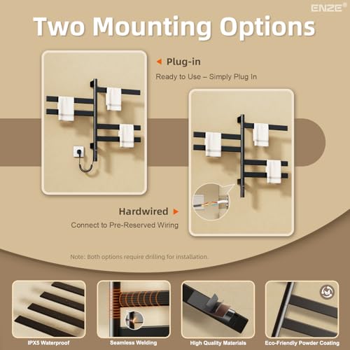 Smart Rotating Heated Towel Rack, 5-Bar Wall-Mounted, Black | Electric Towel Warmer for Bathroom, Swivel Bars, Wi-Fi App Control, 1-24H Timer, 115-155°F, 120W, IPX5, Plug-In or Hardwired - color: Black 17.72"x26.77"
