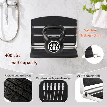 17.5" Wall Mounted Shower Seat, Fold Down Shower Seat Wall Mounted, HDPS Foldable Shower Seat, Folding Shower Seat Attached to Wall, for Inside Shower, Home Care(Black) - color: Black