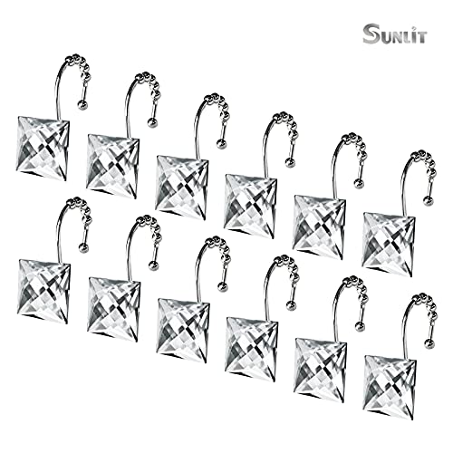 Sunlit Luxury Design Square Clear Diamond Crystal Gem Bling with Glide Balls Shower Curtain Hooks, Rust Proof Metal Rhinestones Glam Shower Curtain Rings-12 Pack - color: Clear