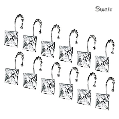 Sunlit Luxury Design Square Clear Diamond Crystal Gem Bling with Glide Balls Shower Curtain Hooks, Rust Proof Metal Rhinestones Glam Shower Curtain Rings-12 Pack - color: Clear
