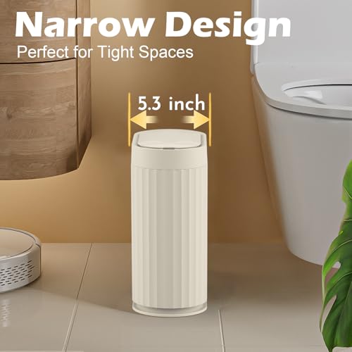 ELPHECO 2 Gallon Sensor Trash Can, Automatic Lid, Beige | IPX5 Waterproof Bathroom Trash Bin, Slim Garbage Can, Plastic Wastebasket for Office, Bedroom and Living Room - color: Beige