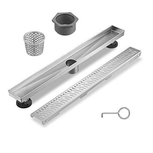 Sharp-tec Linear Shower Drain, 28 inch Shower Drain with Removable Pattern Cover, Brushed Nickel 304 Stainless Steel Rectangle Floor Drain, Adjustable Feet and Hair Strainer Included - color: Brushed Nickel, size: 28 inch