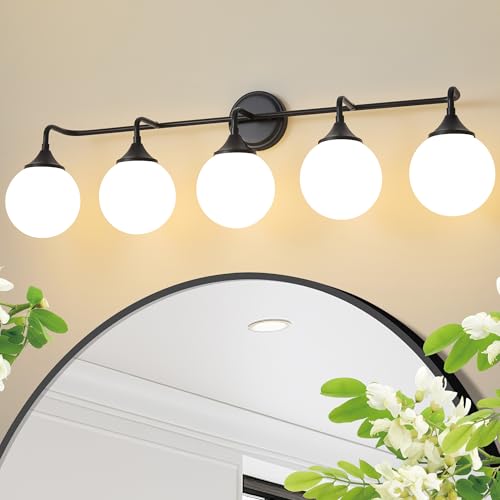 Black Bathroom Light Fixtures Over Mirror Vanity 5-Light | Mid Century Modern Matte Black Wall Sconce with Milky White Glass Ball Shades for for Bathroom Dressing Table Bedroom - color: Black, size: 5-light