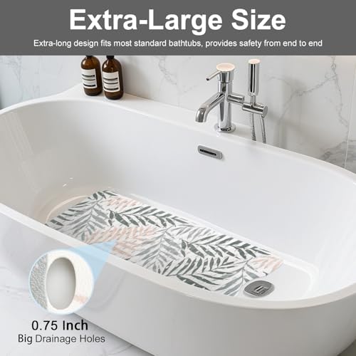 Large Shower Mat Non Slip, Yonala Premium Anti Slip Bath Mat for Tub, 40 x 16 Inch Extra Long Bathtub Mat with Suction Cups and Drain Holes, Easy Clean - color: Leaf