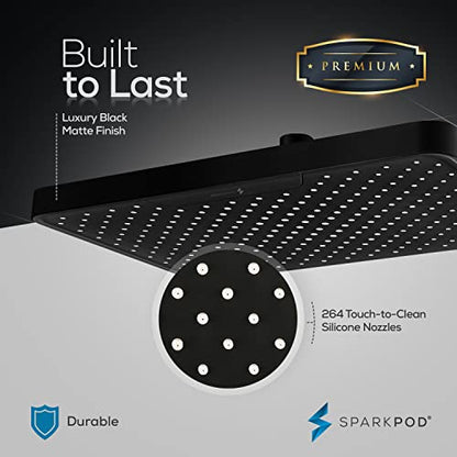 SparkPod 12 Inch Black Rain Shower Head - Ceiling or Wall Mount Rainfall Shower Head - Large Coverage Showerhead - Brass Ball Joint with 360° Adjustment - 1-Min Install (Midnight Black Matte) - color: 3 - Midnight Black Matte 12 Inch Rectangle, style: 12
