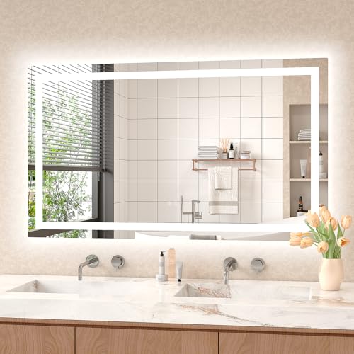 LED Mirror for Bathroom 48x28 Lighted Bathroom Vanity Mirrors with Lights, Brighter Frontlit and Backlit Anti-Fog Mirror, Tempered Glass, Dimmable 3 Colors Light Modes, Memory Function - size: 48"L x 28"W