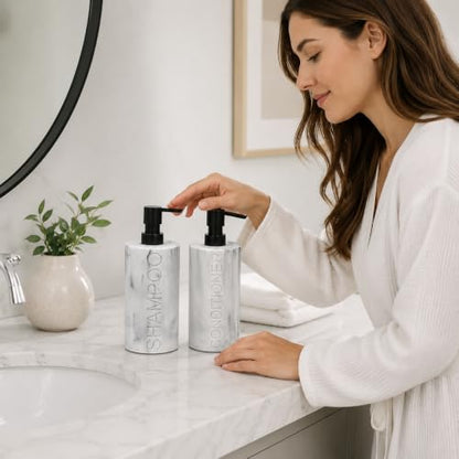 Marble Resin 2 Piece Shampoo and Conditioner Dispenser Set, Luxurious Refillable Pump Bottles with Matte Pump Top and Embossed Text, Durable Design for Bathroom and Shower - color: 2pack Marble Shampoo and Conditioner Set