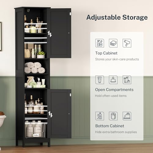 67" Tall Bathroom Cabinet with Adjustable Shelves and Doors | Narrow Bathroom Storage Cabinet for Small Space, Living Room, Entryway, Kitchen, Black - color: Black