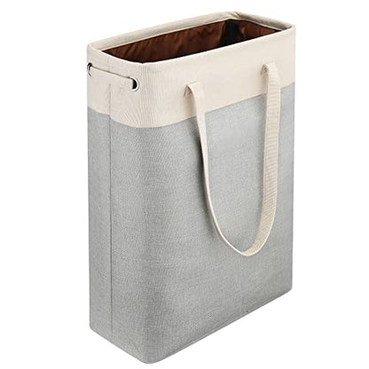Laundry Basket with Handles Beige&Silver Slim Laundry Bin Collapsible Dirty Clothes Basket Narrow Laundry Bag Foldable Dirty Hamper for Camping, Dorms, Apartments - color: Beige&Silver