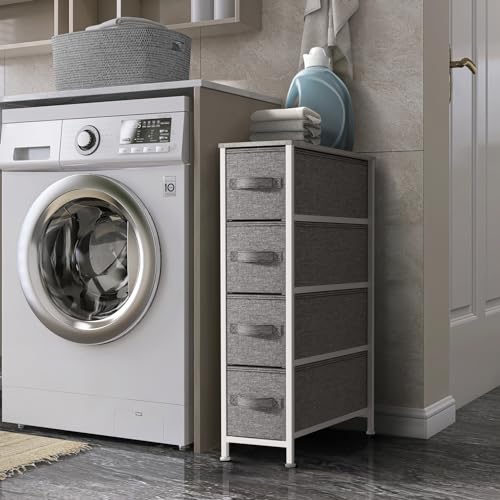 Sorbus Narrow Dresser with 4 Drawers - Vertical Slim Storage Chest of Drawers with Steel Frame, Wood Top & Easy Pull Fabric Bins for Small Spaces, Closets, Bedroom, Bathroom & Laundry (Gray) - color: Grey, style: 4 Drawer