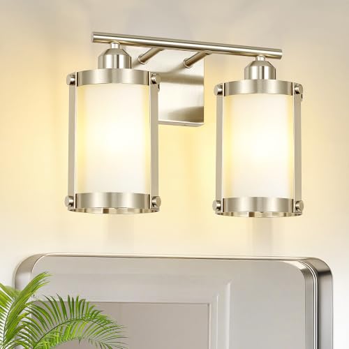 2-Light Brushed Nickel Bathroom Light Fixtures with Milk White Frosted Glass, 13.2" UL-Listed Modern Wall Sconce Over Mirror with Metal Cage for Bath, Hardwire E26, OS-3014BNW-2W - color: Nickel + Milk Glass, size: 2-Light, 13.8" L