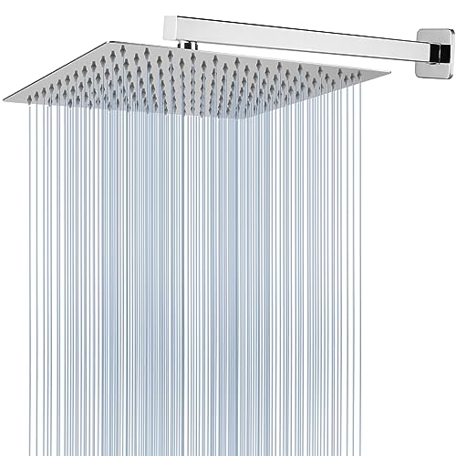 Voolan All Metal Shower Head with Extension Arm, Stainless Steel Waterfall Rainfall Showerheads, High Flow Bathroom Square Rain Shower Head (12’’ Shower Head with 16’’ Shower Arm, Chrome) - color: Chrome, size: 12’’ Shower Head with 16’’ Shower Arm