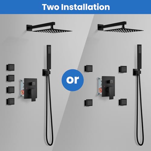 gotonovo Rainfall Shower System with Full Body Jets 4pcs Matte Black | 12’’ Rainfall Shower Head with Handheld Spray Combo,Wall Mount,Rough-in Valve and Trim Kit,Brass Body Message Jets,All Metal - color: Black