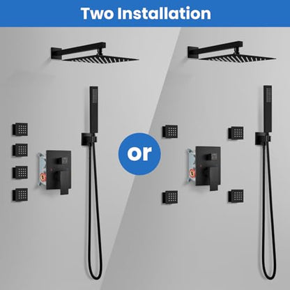 gotonovo Rainfall Shower System with Full Body Jets 4pcs Matte Black | 12’’ Rainfall Shower Head with Handheld Spray Combo,Wall Mount,Rough-in Valve and Trim Kit,Brass Body Message Jets,All Metal - color: Black