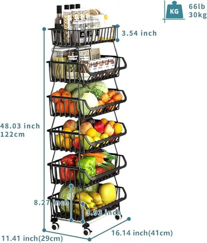 Metal Wire Baskets with Wheels, Stackable Storage Bins Kitchen Organizer Shelf 3-4-5-6 Tier Fruit Vegetable Cart Dishes Seasonal Rack Shelves for Garage, Pantry, Bathroom - size: 6 Tier without Slide Drawer