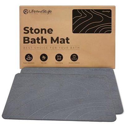 2 Pack Stone Bath Mat Diatomaceous Earth Shower Mat - Grey Wave Design Non Slip Super Absorbent Diatomite Stone Mats for Bathroom Floor Quick-Drying Easy to Clean (24 x 16 Inch)