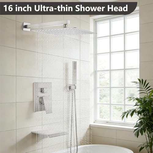 Midanya Shower System with Tub Spout,Bathtub Shower Faucet Set with Square Rainfall Head and Handheld Sprayer Wall Mount Tub Faucet Set with Valve and Trim Kit,16 Inch Brushed Nickel - color: Brushed Nickel, size: 16 Inch