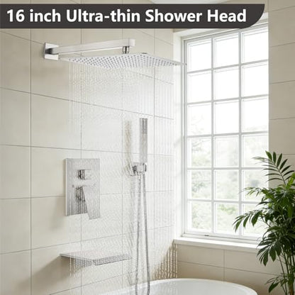 Midanya Shower System with Tub Spout,Bathtub Shower Faucet Set with Square Rainfall Head and Handheld Sprayer Wall Mount Tub Faucet Set with Valve and Trim Kit,16 Inch Brushed Nickel - color: Brushed Nickel, size: 16 Inch