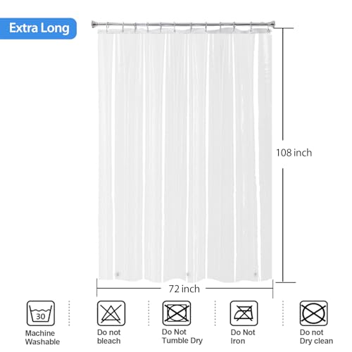 Super Extra Tall Clear 9ft Shower Curtain 108 inches Long for Patio | 72x108" Transparent Plastic PEVA Vinyl Waterproof Liner with 3 Magnets, 12 Pack Stainless Steel Hooks Included - color: Clear, size: 72"W x 108"L (Pack of 1)