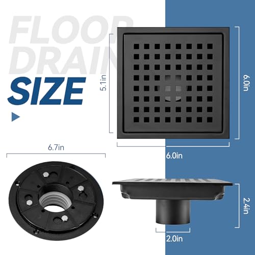 Square Shower Floor Drain, Matte Black Finish, Grid Pattern Strainer Cover (Black, Grate) - color: Black
