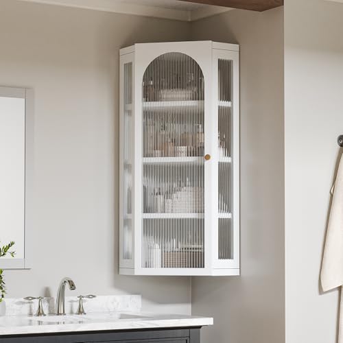 Bathroom Corner Wall Cabinet, Metal Medicine Cabinet with Glass Doors and Shelves, Hanging Corner Storage Cabinet for Bathroom, Kitchen, Laundry Room (White) - color: White