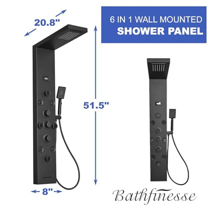 Stainless Steel Shower Panel Tower System 6 IN 1 Massage System | Rainfall Waterfall Shower Head,Two Mode Body Spray Jets,Waterfall Tub Spout,with Temperature Display,Wall Mounted,Matte Black - color: Black