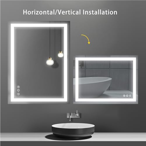 36x28 inch LED Lighted Bathroom Mirror with Anti-Fog, Wall Mounted Vanity Mirror with Smart Touch Button, Memory Function, Adjustable Warm White/Natural/Daylight Lights(Horizontal/Vertical) - size: 28"L x 36"W