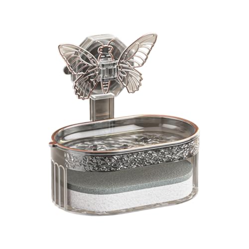 No Drill Wall Mount Soap Dish with Butterfly Decor Suction Cup Double Layer Drainage Soap Holder with Sponge Wipe Transparent Plastic Soap Caddy for Bathroom Shower Sink Vanity (Black) - color: Black