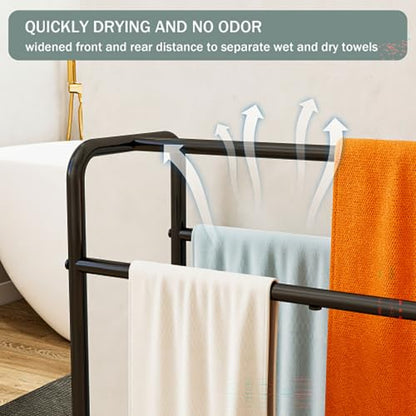 Freestanding Towel Rack, 3 Tier Metal Towel Holder with Storage Shelf, Standing Bathroom Towel Rack for Large Bath Towels, Blanket Rack Organizer for Bedroom, Poolside,Black