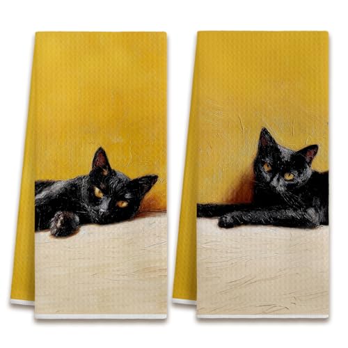 Black Cat Kitchen Dish Towels, Cat Lover Mom Lady Gifts, Mustard Yellow Moody Kitty Kitten Decorative Hand Tea Towels for Bathroom Kitchen, 16x24 Inches Set of 2 - color: Color-a06