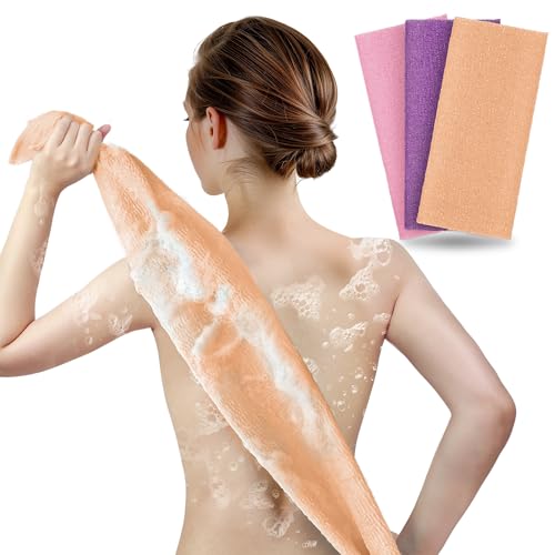 ARCH&M Exfoliating Shower Towel & Body Scrubber, Peach Purple Pink, 3 Pack | Japanese Washcloth, Hygienic, Nylon, Daily Use, Smoother Skin, Deep Exfoliation, 35-Inch, Quick-Dry, Durable Machine Washable - style: Peach Purple Pink