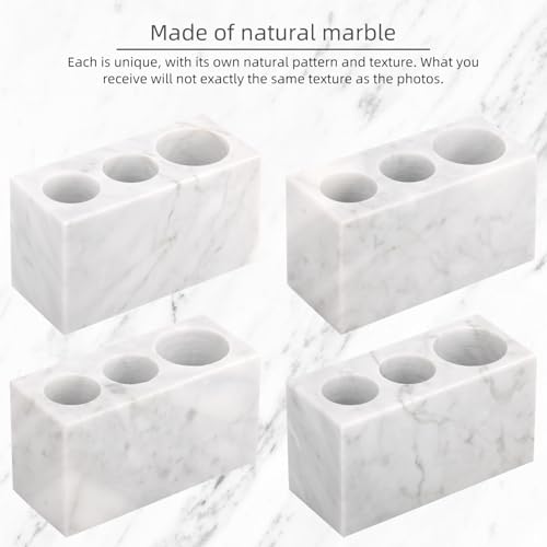 Natural Marble Toothbrush Holder, Carrara White, 3 Slots | Large Bathroom Organizer Countertop, Ventilation Design, Stone Toothbrush and Toothpaste Stand, Non-Slip Silicone Pads - color: Carrara White, size: 3 Slots