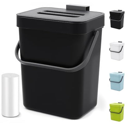 1.3 Gal Kitchen Compost Bin, Hanging Small Trash Can, 5L, Black | With Lid, Hanging, Adhesive Mount, Countertop, for Kitchen Under Sink RV Bathroom Office - color: BLACK, size: 5 L / 1.3 Gal - Lid