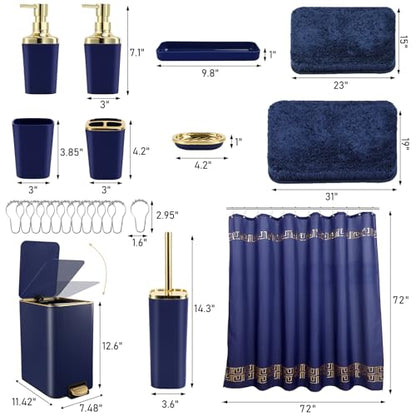 XLHOMO Bathroom Sets with Shower Curtain and Rugs Bathroom Accessories Set Navy Blue Bathroom Set,Soap Dispenser & Toilet Brush Holder Set with Stainless Steel Trash Can - size: Navy blue, style: Bath Set+Shower Curtain+Bath Rugs