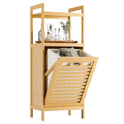 HITNET Tilt Out Laundry Hamper, Bamboo Laundry Basket with Foldable Bag and 2 Open Shelves, Freestanding Clothes Storage Organizer for Bedroom, Bathroom, Living Room, Natural - color: Natural
