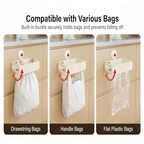 2 Pcs Folding Trash Bag Holder, Removable Suction Cup Kitchen Trash Can Hanging Rack, Collapsible Detachable Garbage Bag Holder, Space Saving Towel Hanger for Kitchen/Bathroom/RV/Cabinets/Dorm Room
